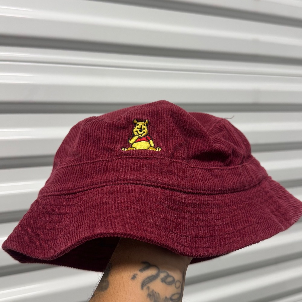 Disney Winnie the Pooh Corduroy Bucket Hat Maroon Burgundy Embroidered Bear